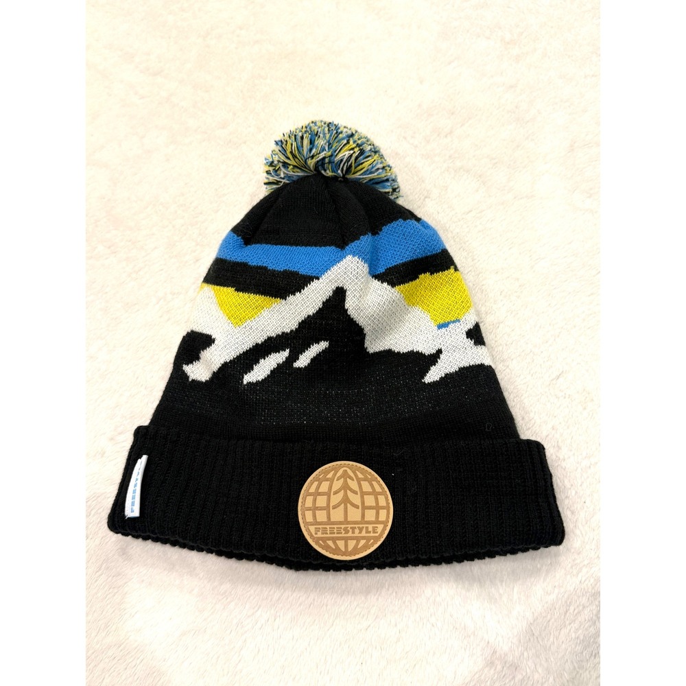 Freestyle‎ Mountain Graphic Pom Beanie Black Blue Yellow Knit Winter Hat Cuffed